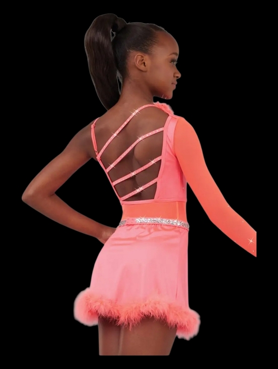 Girls Weissman Coral Pink Competition Dress with Feather Trim Dance/Ice Skating - Picture 2 of 13